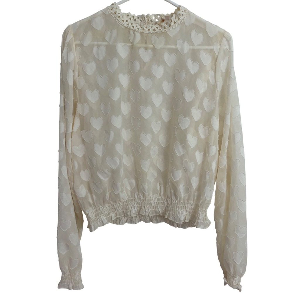 Peach Heart Print Blouse Women XL Cream Sheer Romantic Top Feminine